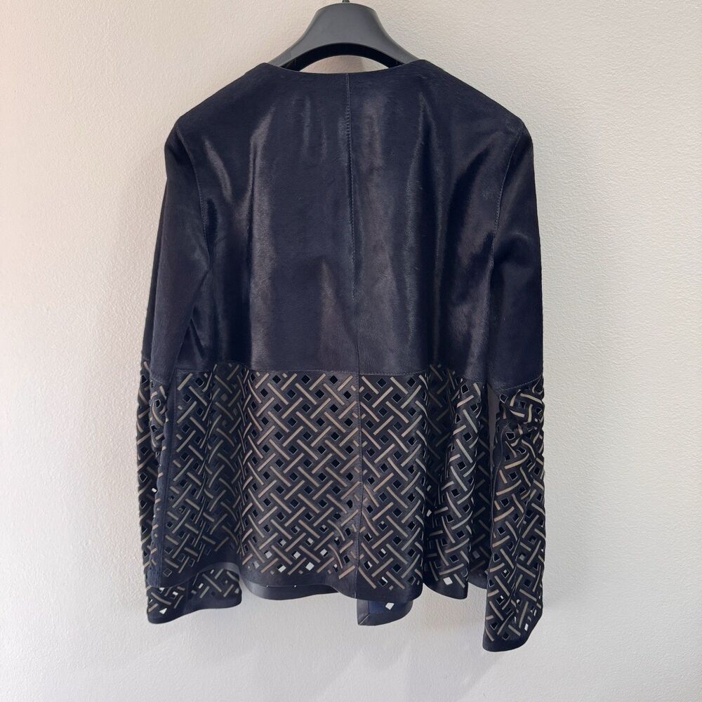 NWT Lafayette 148 New York Jacket $2,998 M Calf Hair Leather Navy Blue Cutout - Picture 8 of 13